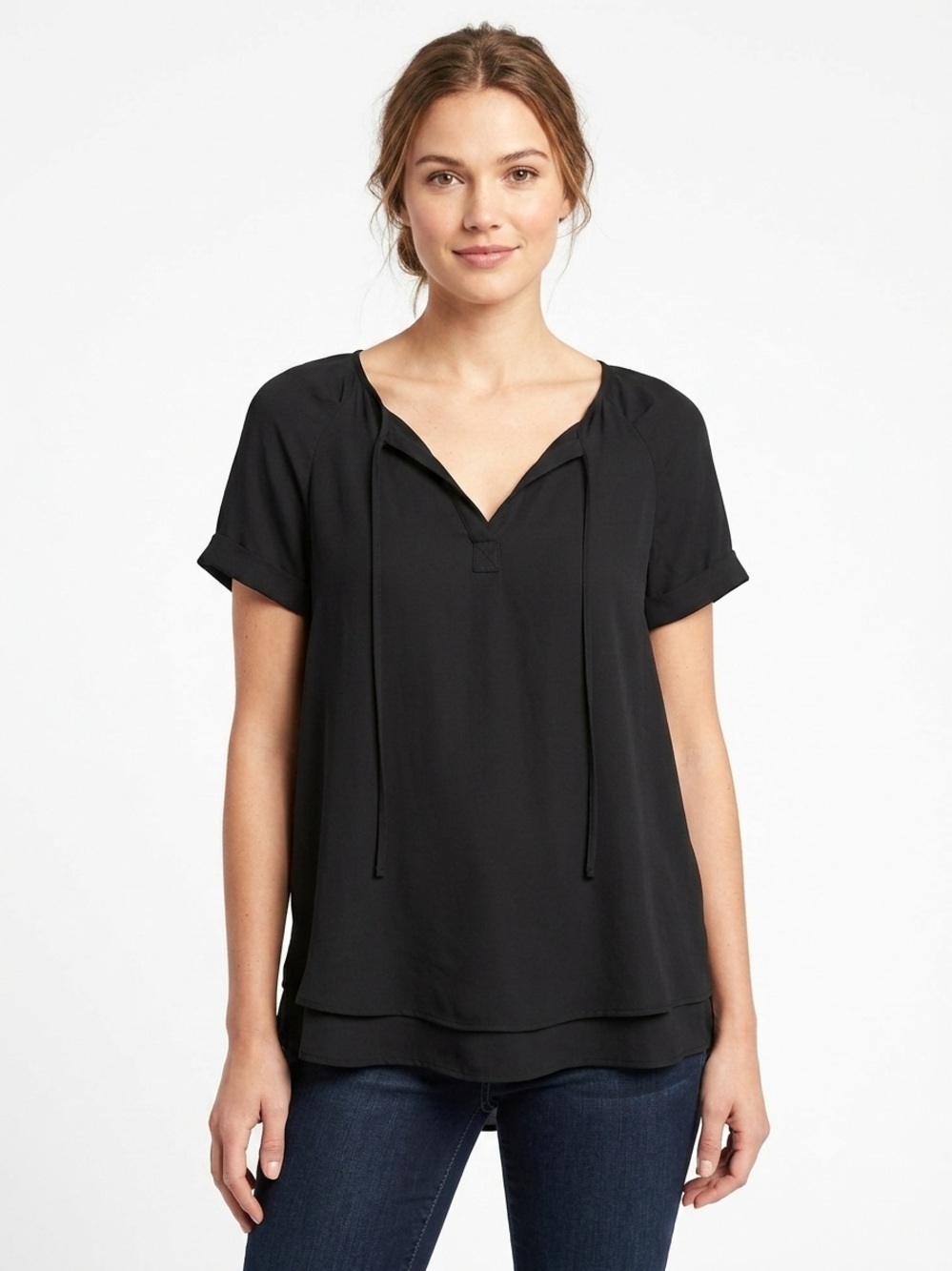 A New Day Black Tie-Neck Short Sleeve Blouse No Stretch